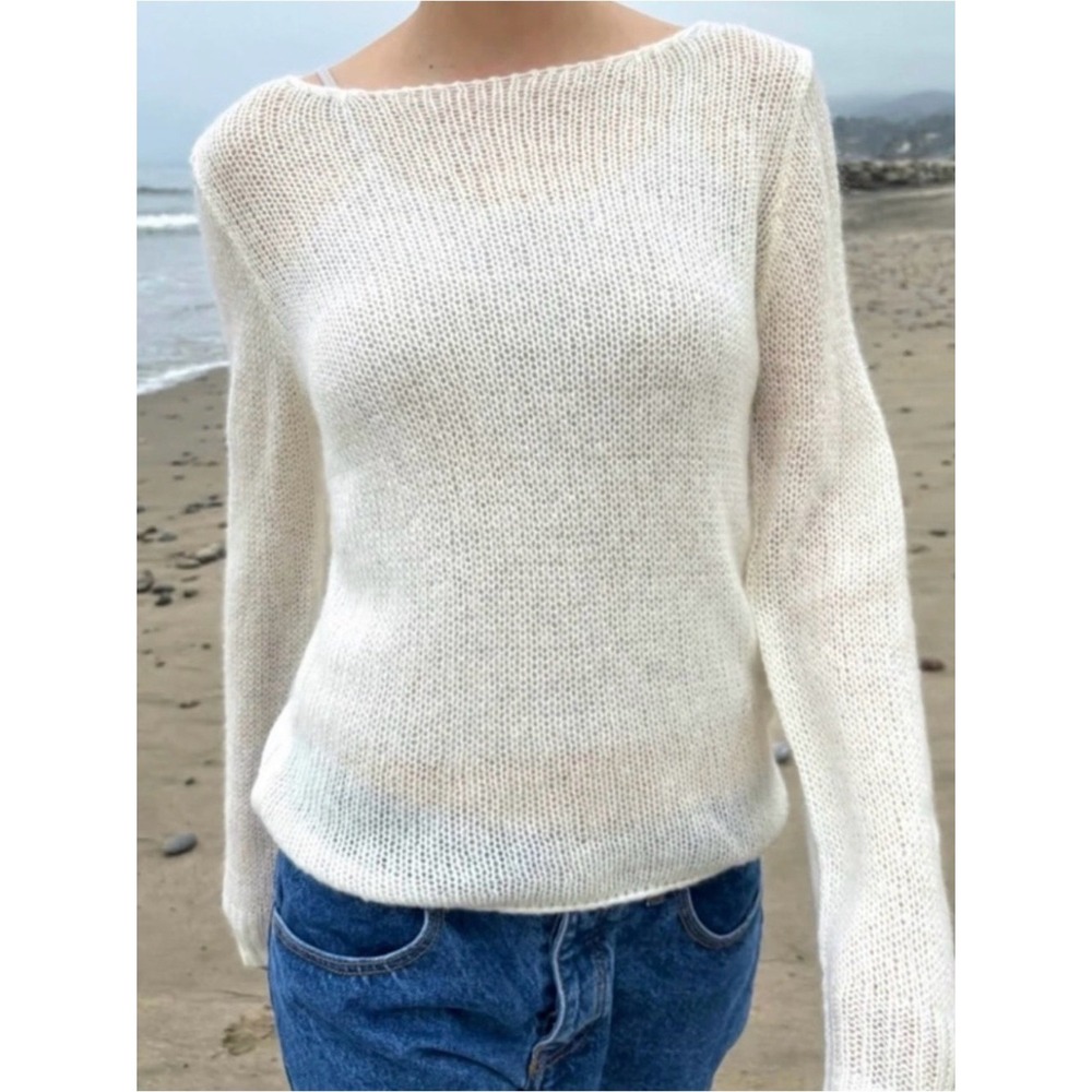 Brandy Melville Mohair Wool Blend V Neck Sweater White Knit Oversized Top OS